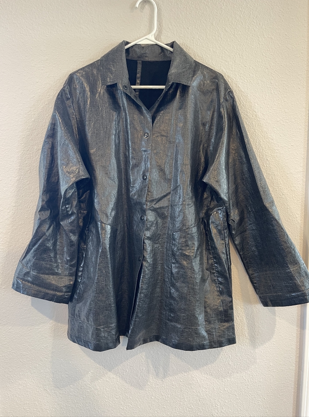 Babette SF Womens Classic Metallic Grey Button Up Oversized Rain Coat Size XS